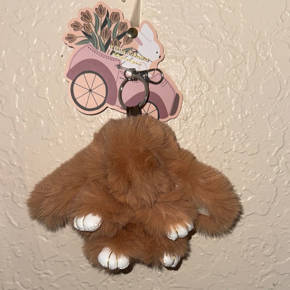 Plush Bunny Paw Keychain - Brown Faux Fur Key & Card Holder